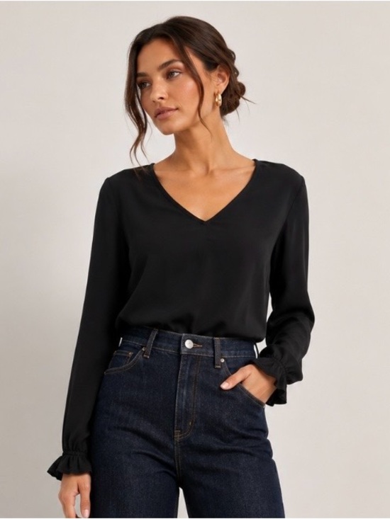 Tops - Diane von Furstenberg Black Silk Stretch V-Neck Blouse Ruffle Cuff Size 4